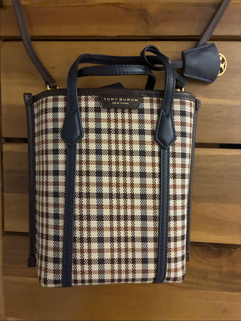 Tory Burch Brown Plaid Mini Perry Crossbody Tote